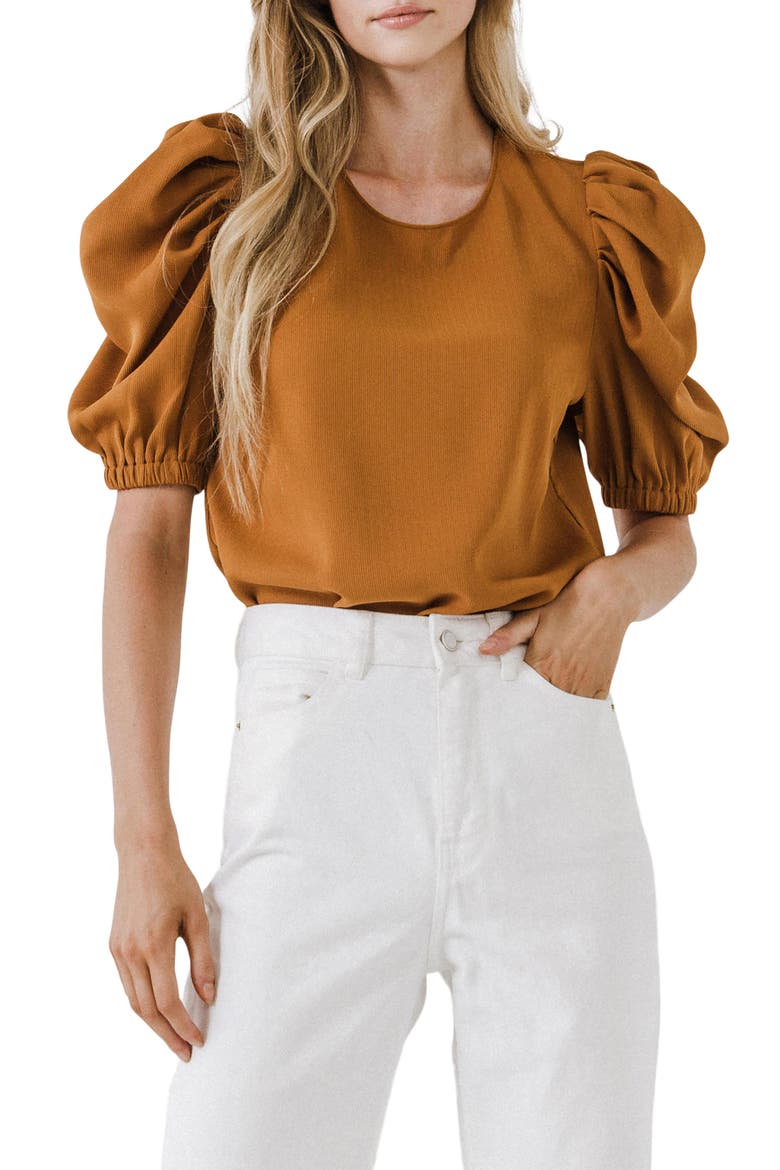 Puff Sleeve Top, Main, color, BROWN