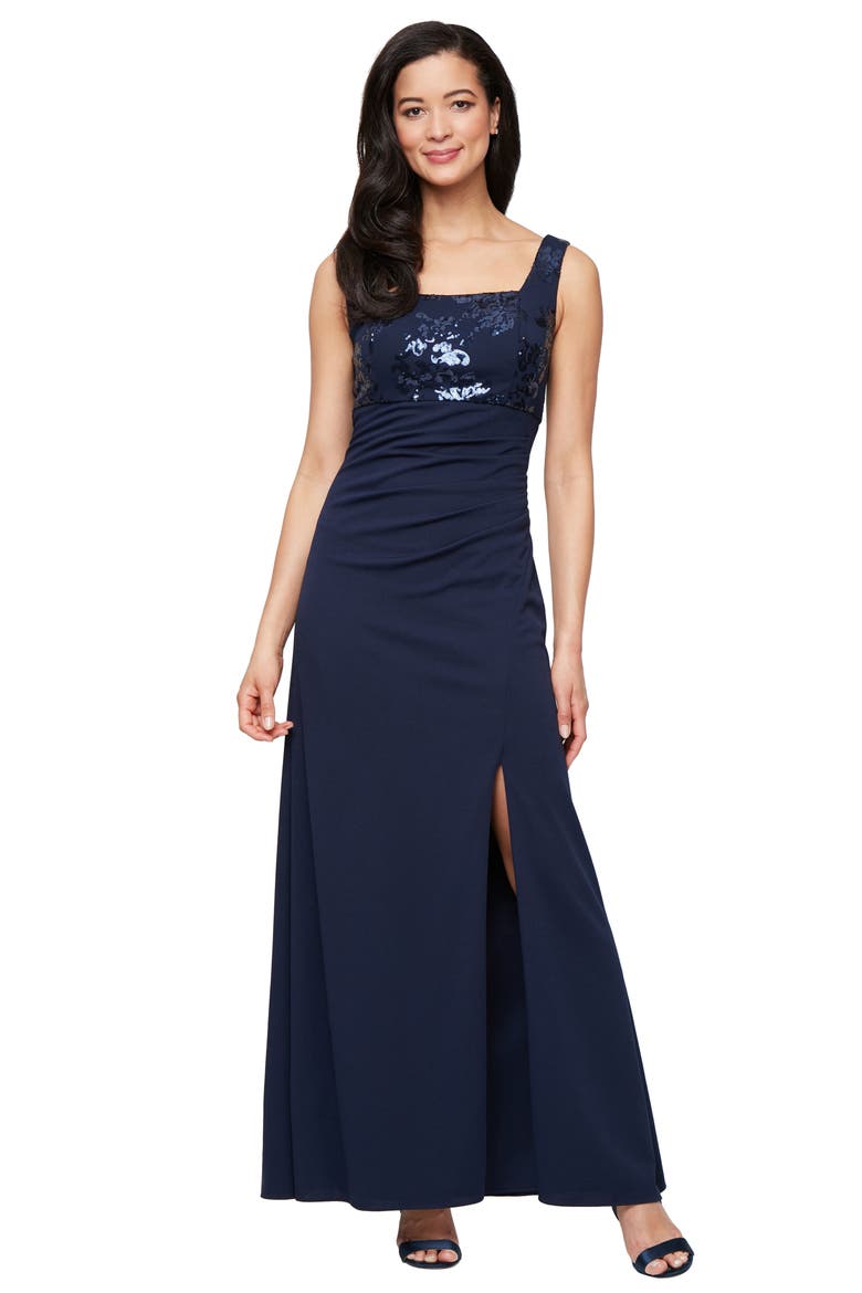 Sequin Detail Sleeveless Scuba Crepe Gown with Sequin Bolero Jacket, Alternate, color, NAVY