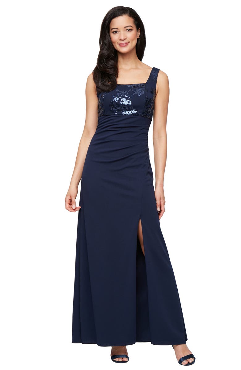 Alex Evenings Sequin Detail Sleeveless Scuba Crepe Gown with Sequin Bolero Jacket, Alternate, color, Navy