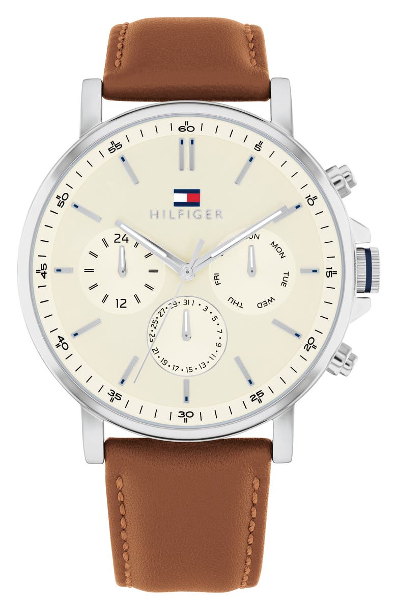Tommy Hilfiger Tyson Chronograph Leather Strap Watch, 44mm, Main, color, Parchment