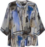 APNY Print Tassel Split Neck Chiffon Top