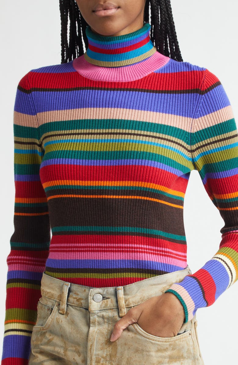 Acne Studios Stripe Rib Wool Turtleneck Sweater, Alternate, color, Red/ Purple
