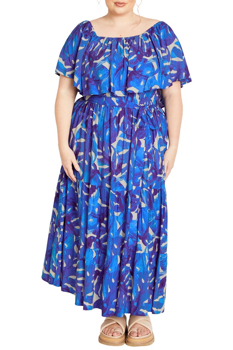 Boardwalk Off the Shoulder Midi Dress, Main, color, MARINE PALM