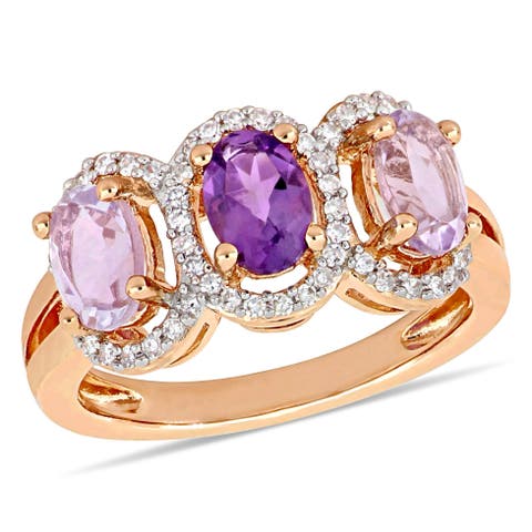 Amethyst & Diamond Halo 3-Stone Ring