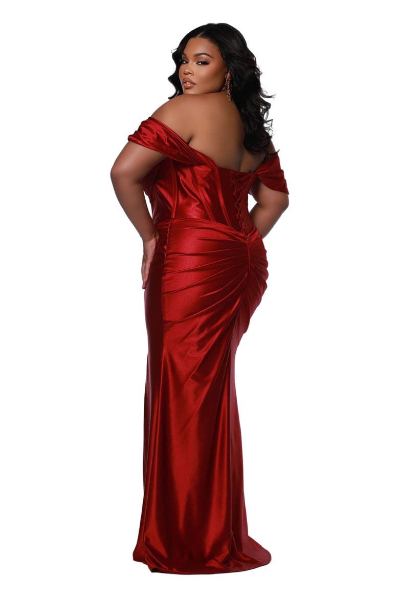 Off the Shoulder Fitted Plus Size Evening Gown, Alternate, color, Burgundy