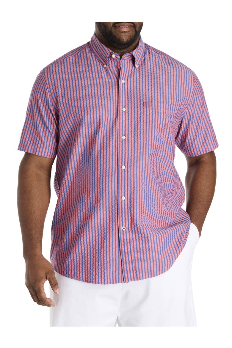 Big & Tall Seersucker Striped Sport Shirt, Main, color, ROSE CORAL