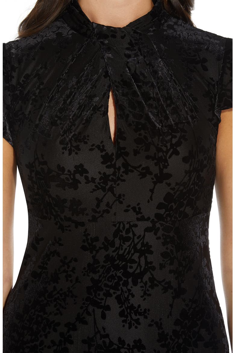 Cap Sleeve Floral Velvet Burnout Drape Dress, Alternate, color, BLACK