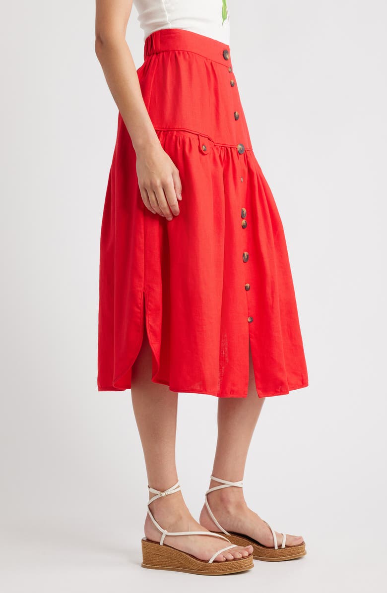 FARM Rio Mixed Buttons Linen Midi Skirt, Alternate, color, Red