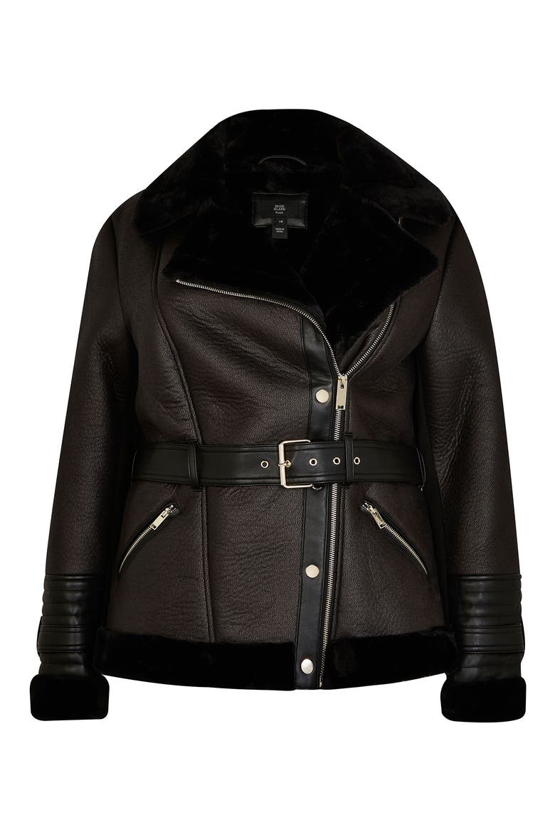 Belted Faux Leather & Faux Fur Aviator Jacket, Alternate, color, BLACK