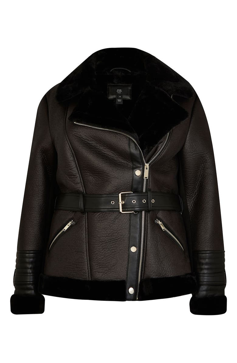 River Island Belted Faux Leather & Faux Fur Aviator Jacket, Alternate, color,
