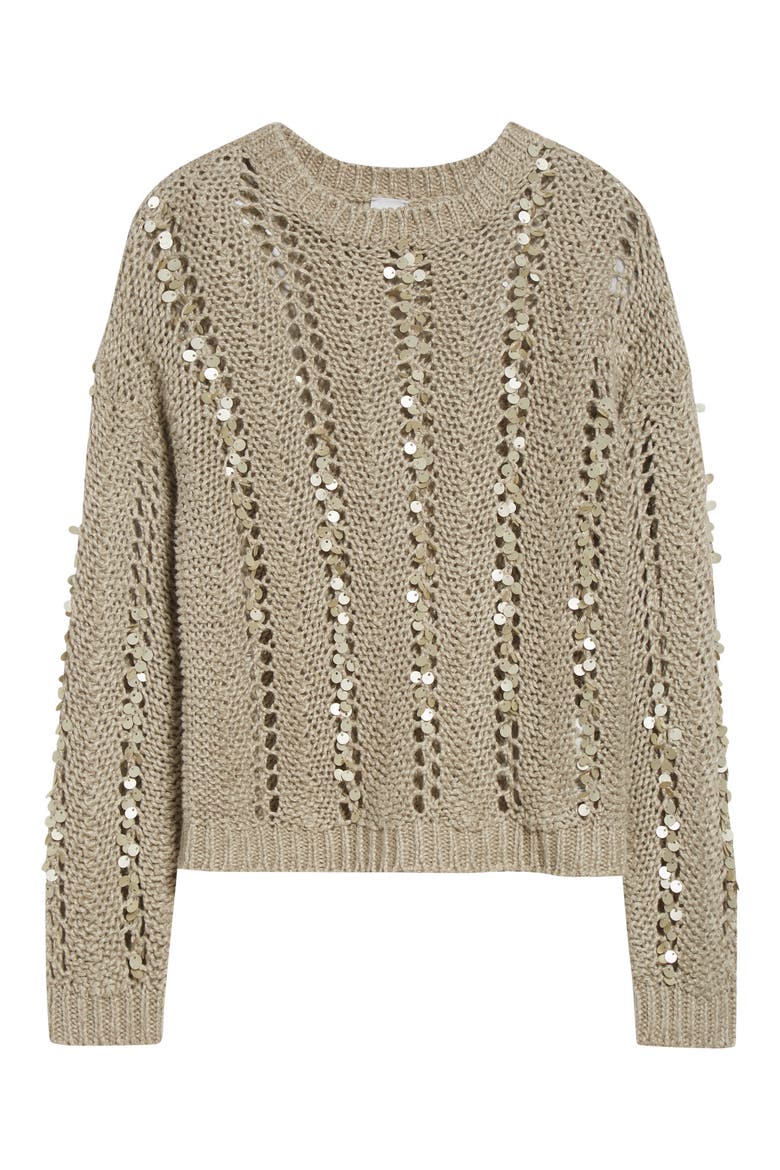 Paillette Hand Knit Cotton & Linen Blend Pointelle Sweater, Alternate, color, 02 SAND