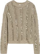 Eleventy Paillette Hand Knit Cotton & Linen Blend Pointelle Sweater