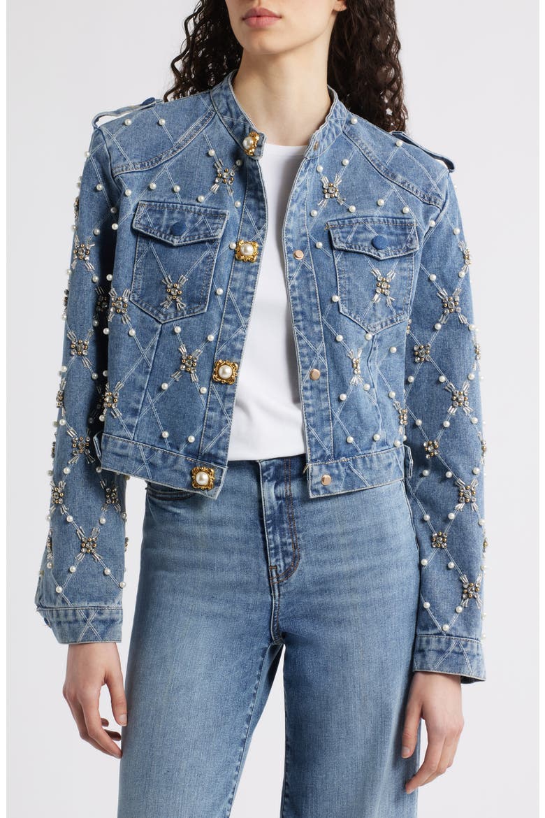 Leyana Embellished Denim Jacket, Main, color, BLUE