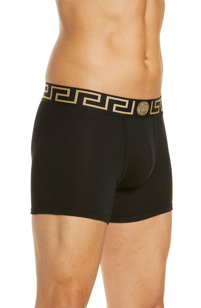 Versace Long Stretch Cotton Trunks, Alternate, color, Black/ Gold