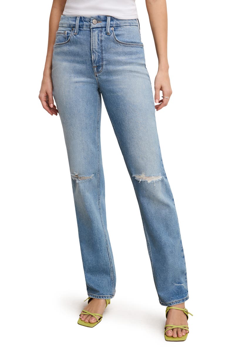 Good American Good Icon Ripped High Waist Straight Leg Jeans, Main, color, Indigo870