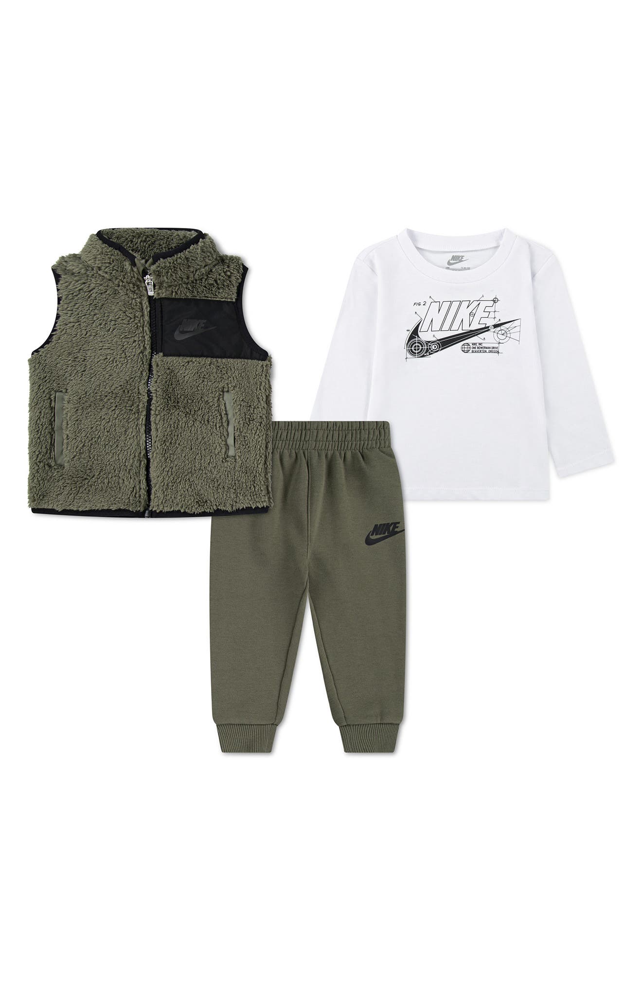 Nike Future Utility Faux Shearling Vest, Logo T-Shirt & Fleece Joggers Set
