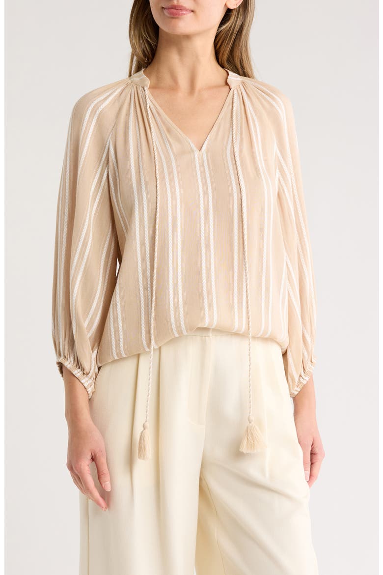 Stripe Woven Split Neck Top, Main, color, CREAM/ WHITE