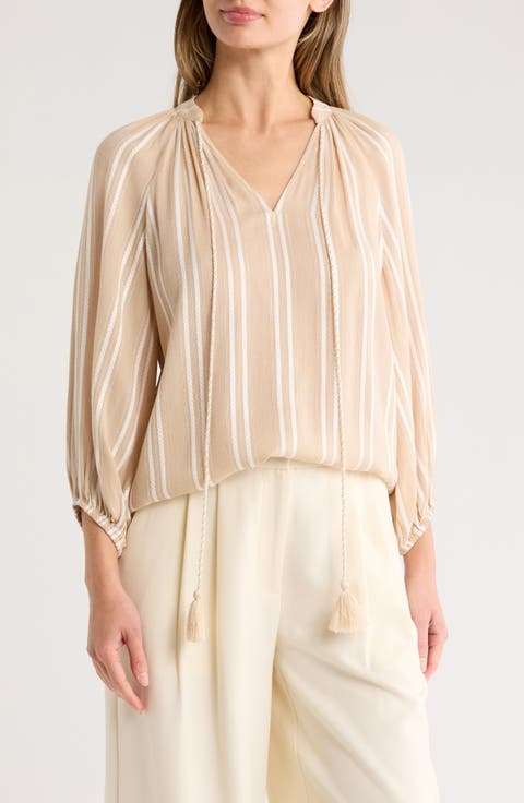 Stripe Woven Split Neck Top