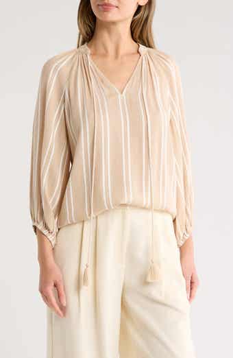 Stripe Woven Split Neck Top