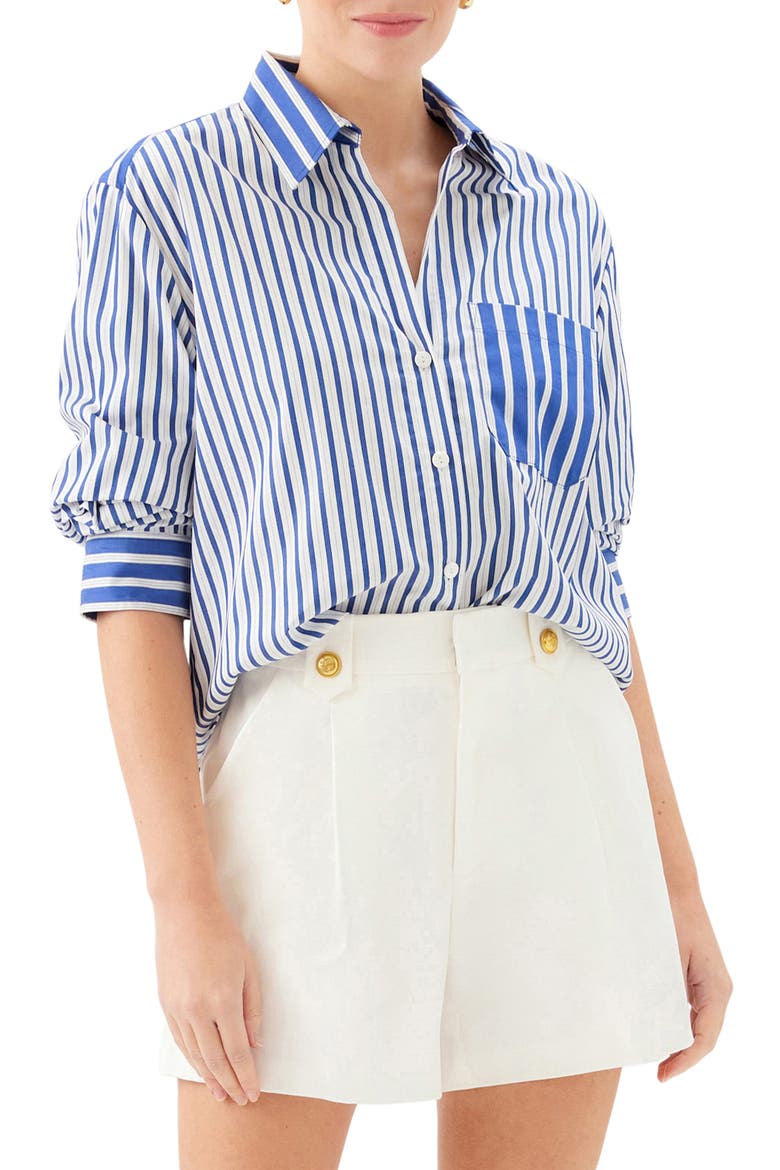 Leighton Ruched Sleeve Stripe Shirt, Main, color, INDIGO