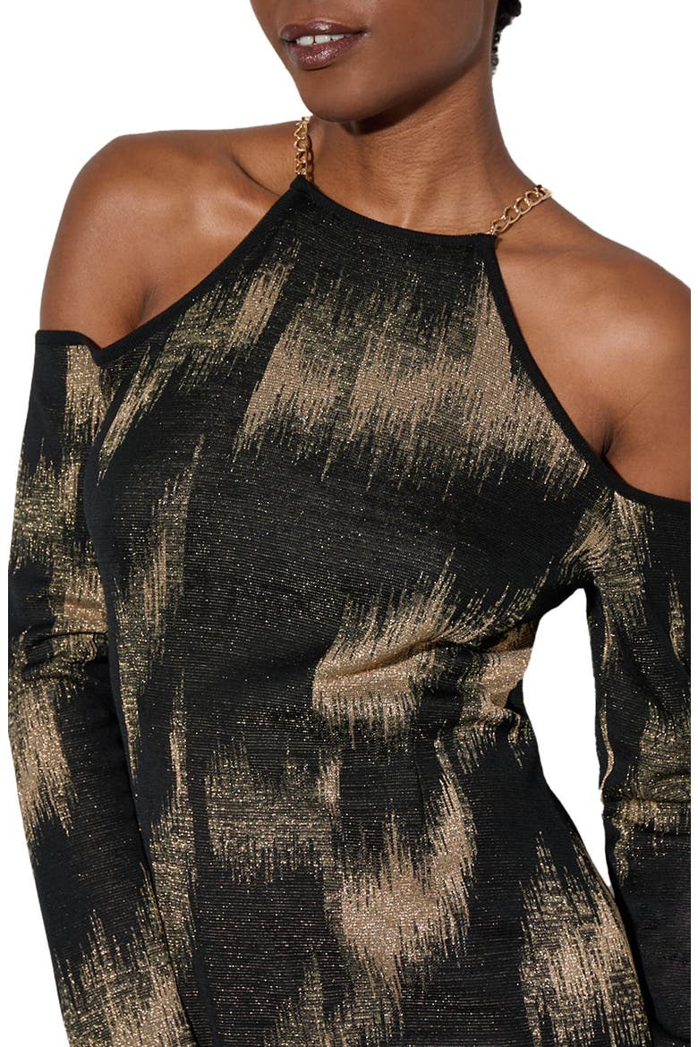 Metallic Long Sleeve Jacquard Midi Dress, Alternate, color, BLACK/GOLD