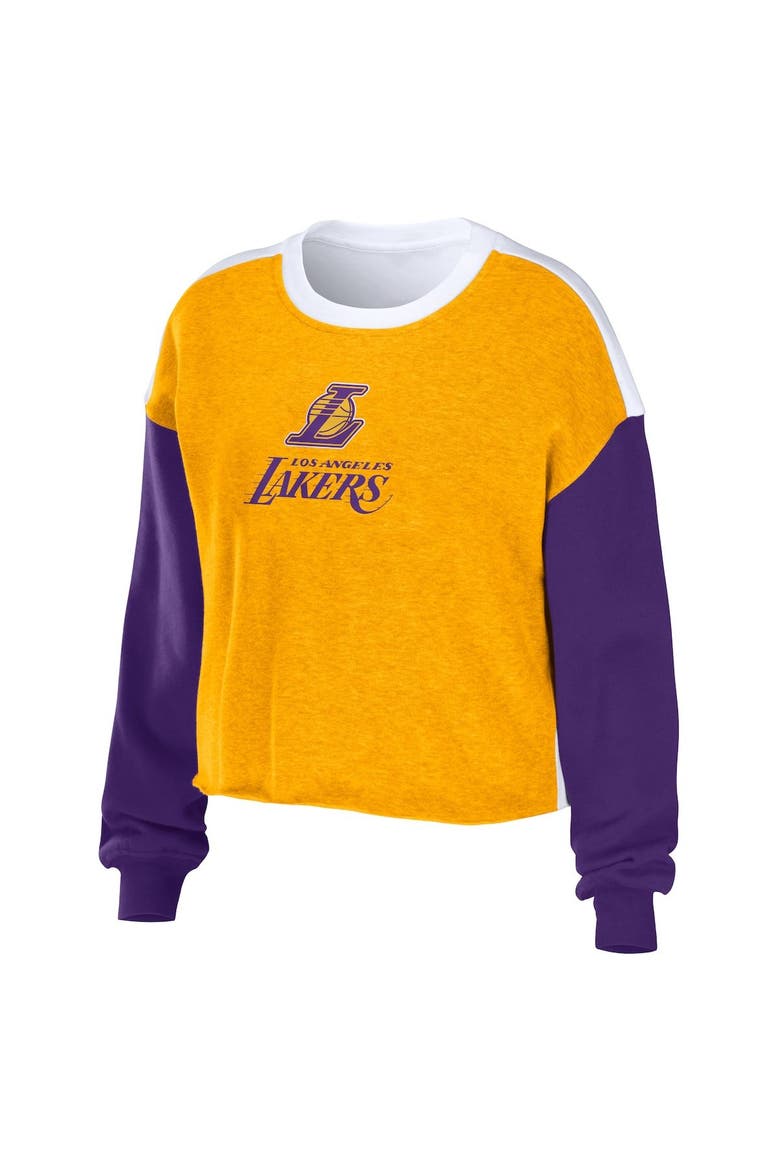 Women's WEAR by Erin Andrews Heather Gold Los Angeles Lakers Mixed Letter Cropped Pullover Sweatshirt, Alternate, color, Heather Gold
