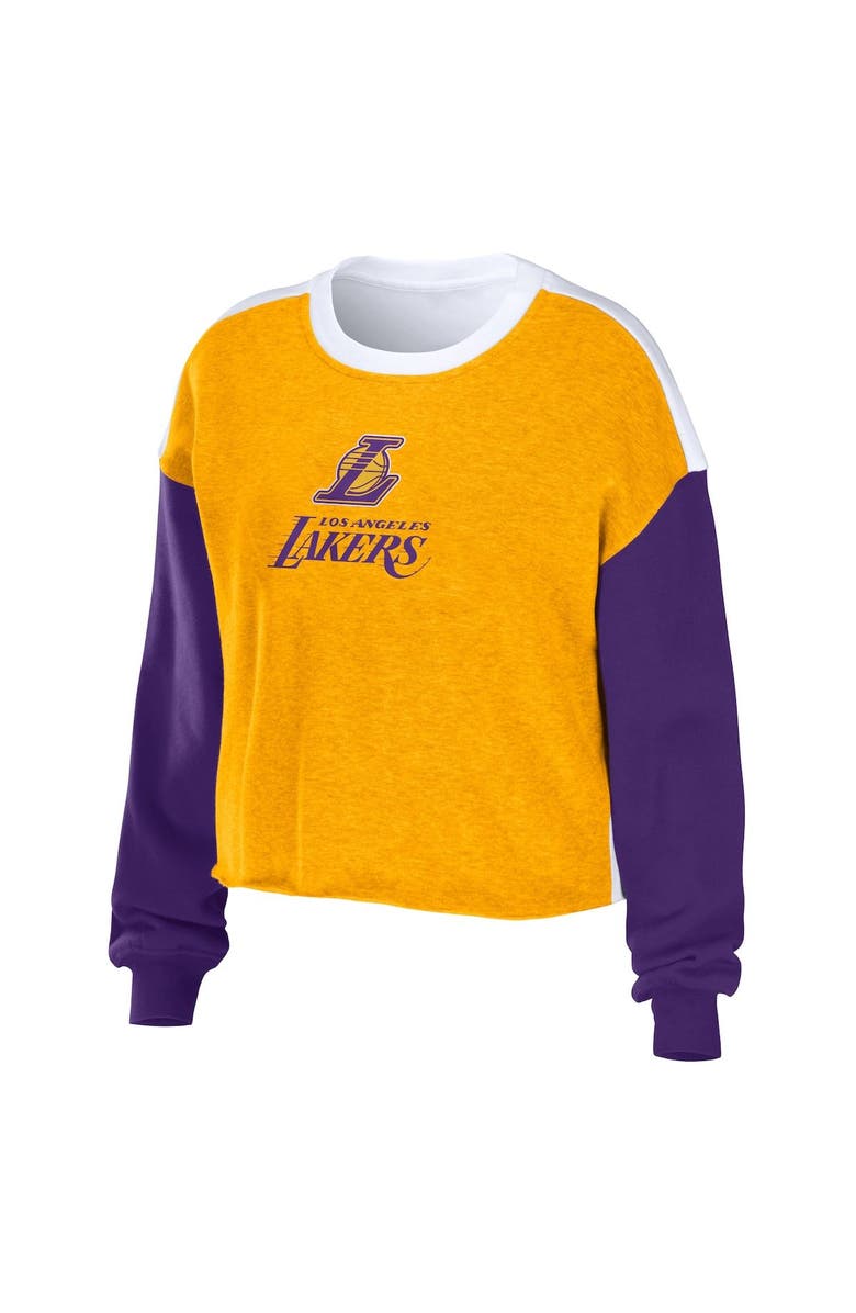 WEAR by Erin Andrews Women's WEAR by Erin Andrews Heather Gold Los Angeles Lakers Mixed Letter Cropped Pullover Sweatshirt, Alternate, color, Heather Gold