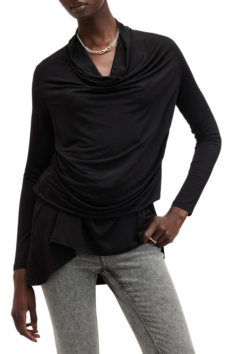 Amei Draped Long Sleeve Minidress, Alternate, color, BLACK