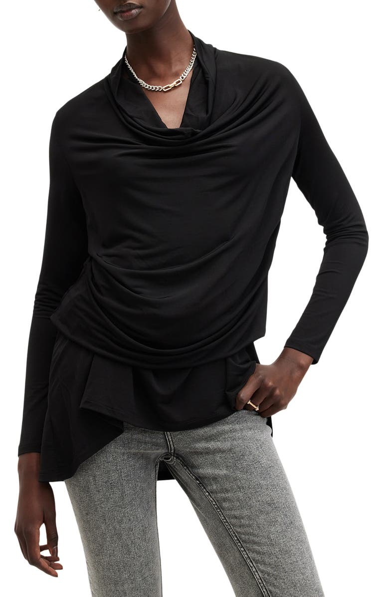 AllSaints Amei Draped Long Sleeve Minidress, Alternate, color, Black