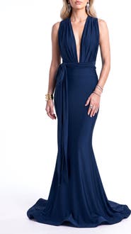 Jessica Angel Plunging V-Neck Tie-Waist Mermaid Evening Gown