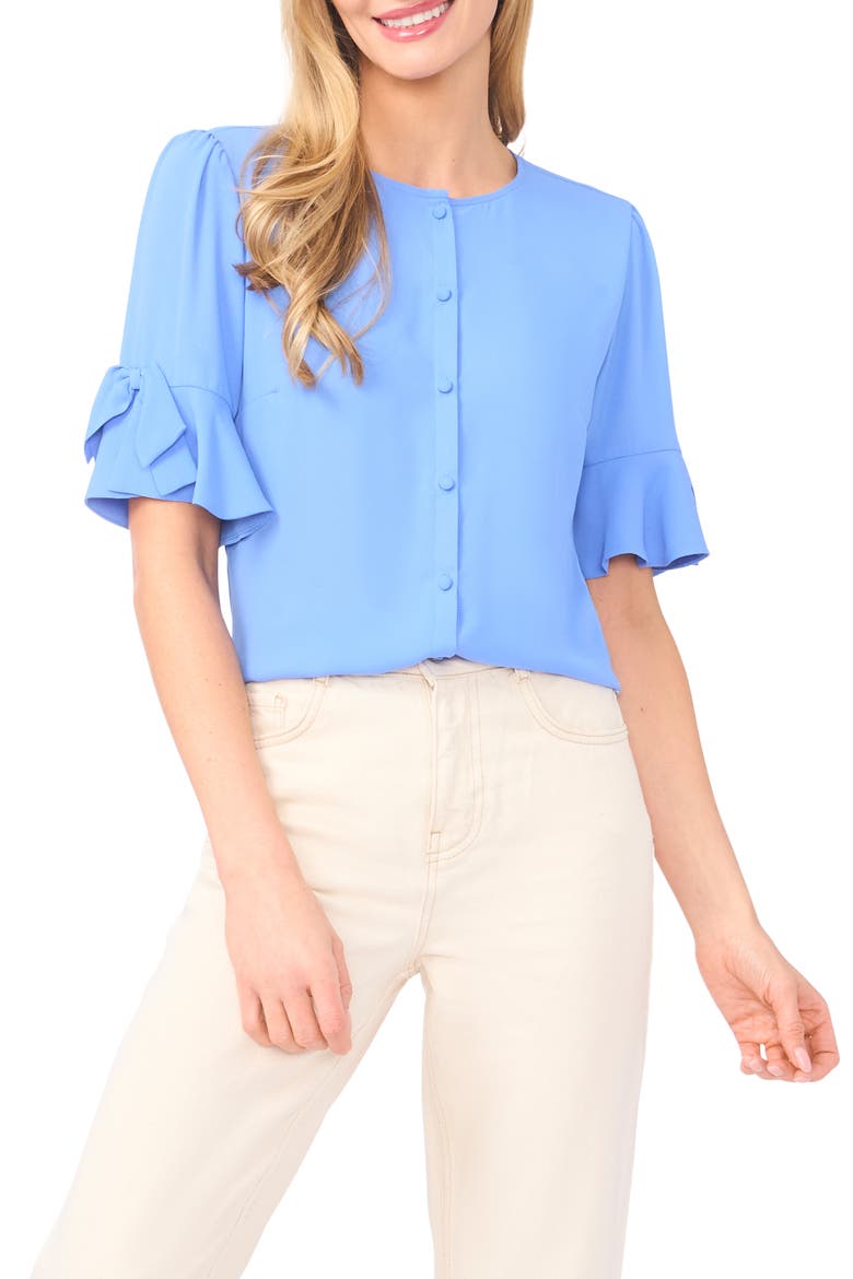 Bow Sleeve Button-Up Top, Main, color, BELLFLOWER BLUE