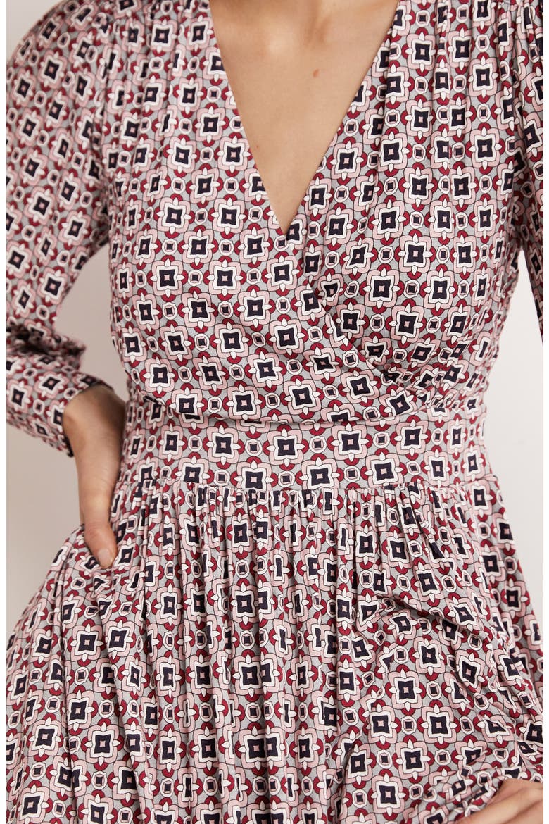 Print Long Sleeve Faux Wrap Midi Dress, Alternate, color, ALMOND PINK SQUARE