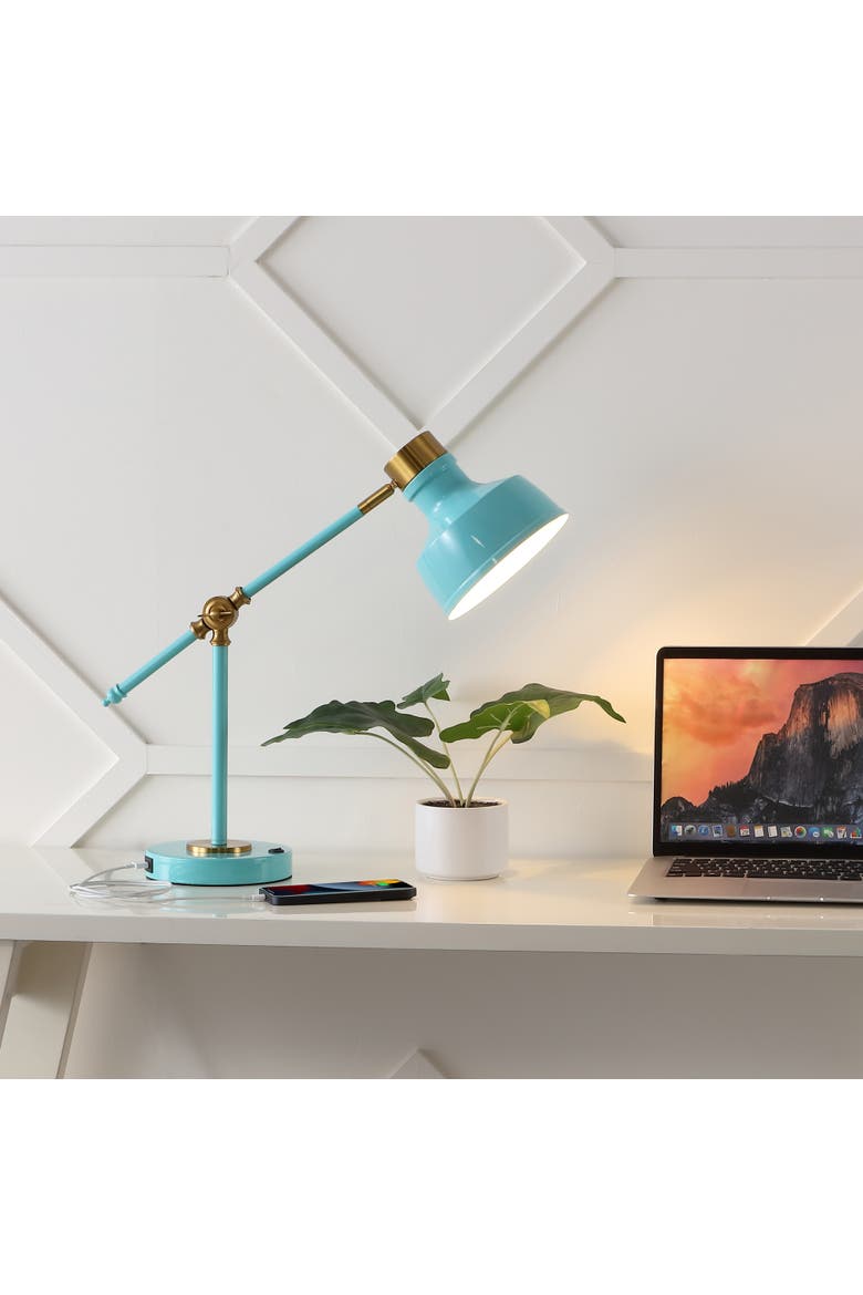 Allegra Classic Farmhouse Adjustable Cantilever LED Task Lamp with USB Charging Port, Alternate, color, Cyan/Brass Gold