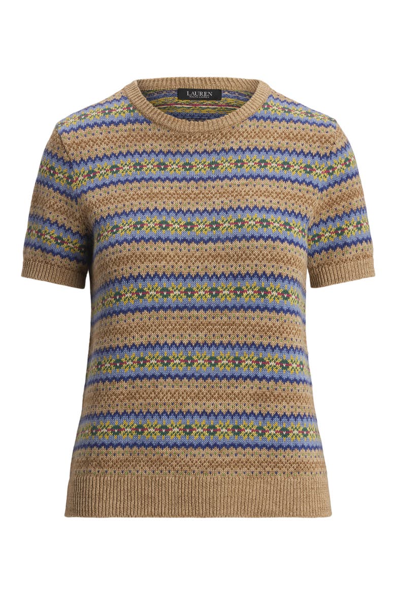 Fair Isle Short Sleeve Cotton & Linen Sweater, Alternate, color, BROWN MULTI