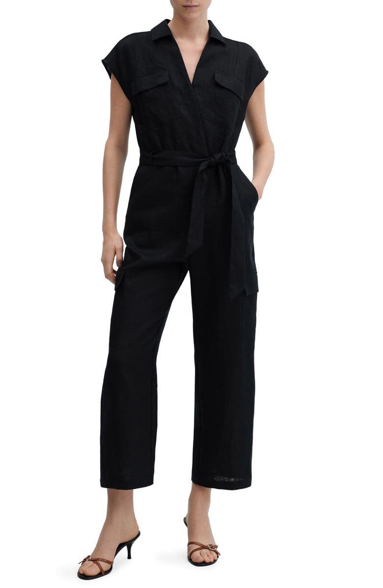 MANGO Linen Cargo Jumpsuit, Main, color, 