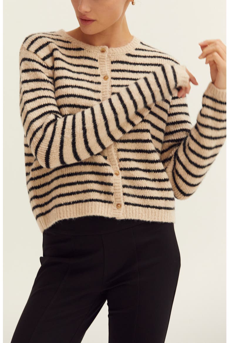 Crew Neck Striped Cardigan, Alternate, color, Oatmeal/Black