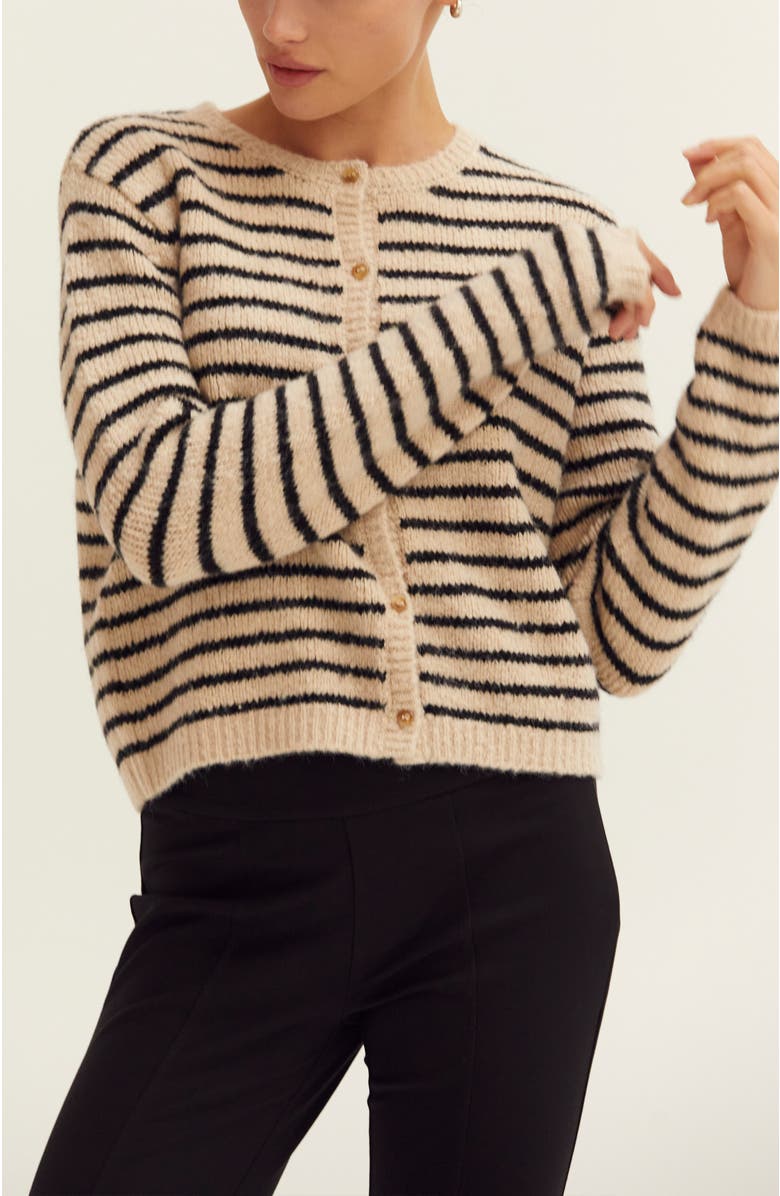 CRESCENT Crew Neck Striped Cardigan, Alternate, color, Oatmeal/Black