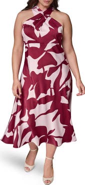 DONNA KARAN Print Twist Front Halter Midi Dress