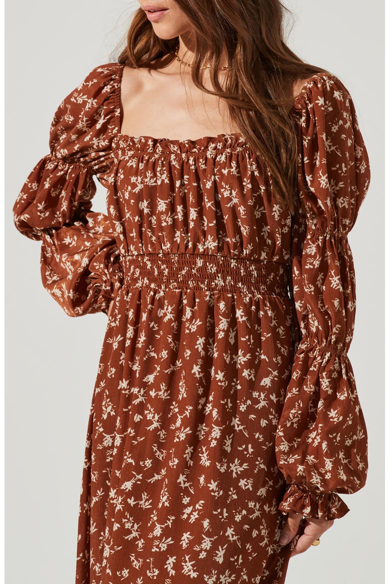 Astr Floral Cinched Long Sleeve Midi Peasant Dress, Alternate, color, CARAMEL FLORAL