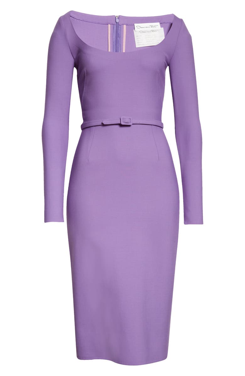 Oscar de la Renta Scoop Neck Belted Long Sleeve Stretch Wool Blend Dress, Alternate, color, 