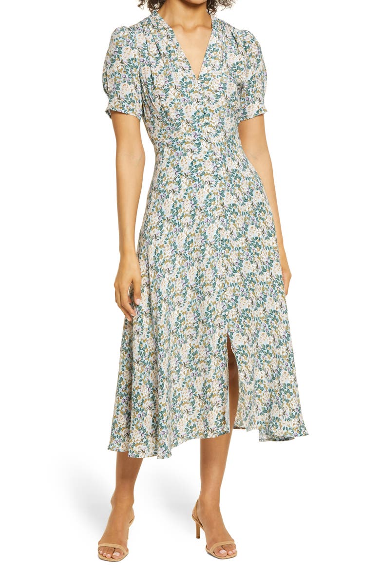 Floral Button Front Midi Dress, Main, color, TEAL MULTI FLORAL