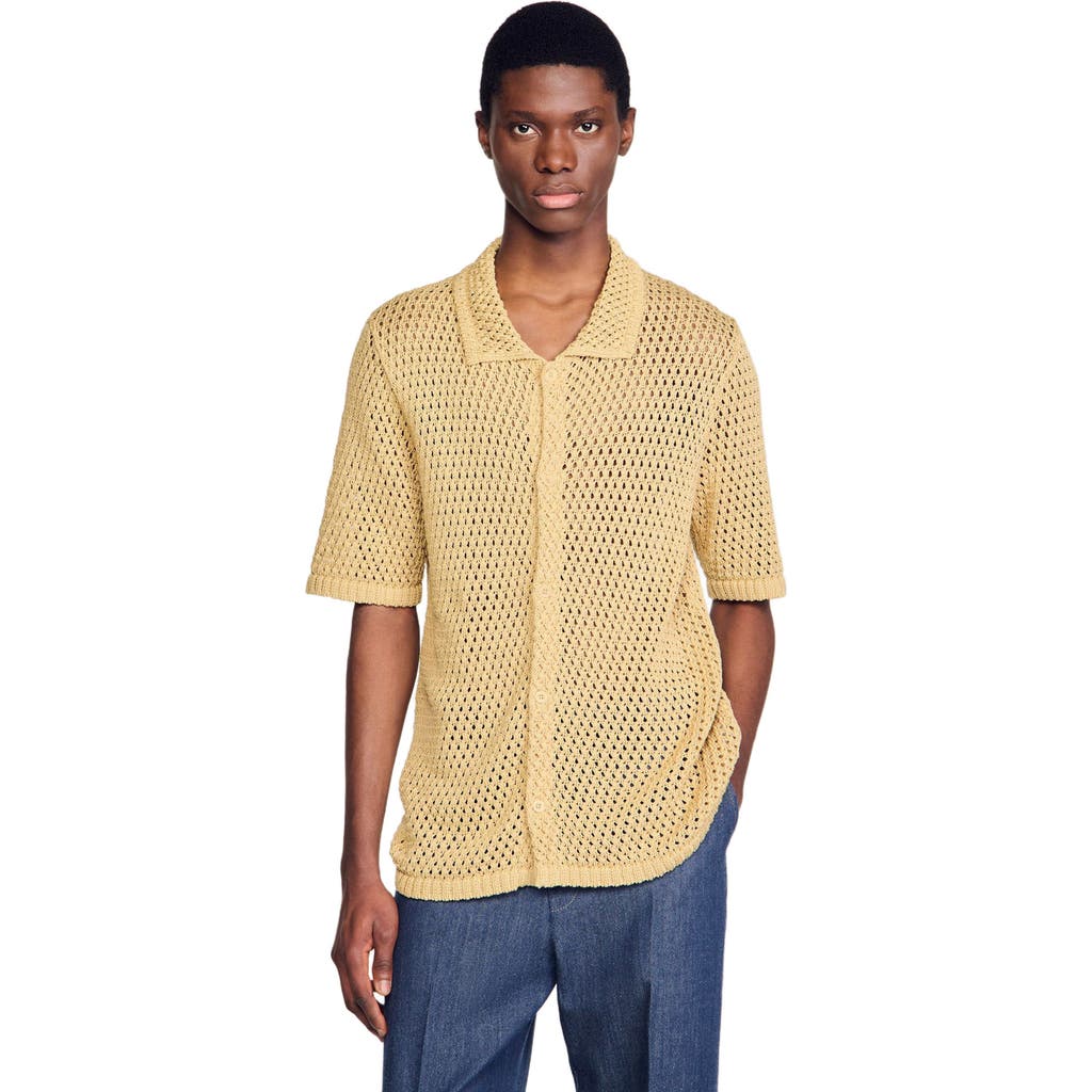 Sandro Crochet Classic Fit Button Down Shirt In Nut