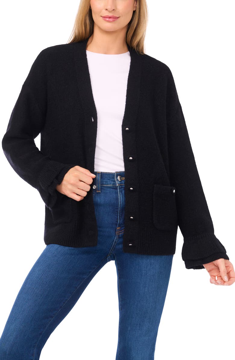 CeCe Ruffle Cuff Cardigan, Alternate, color, Rich Black