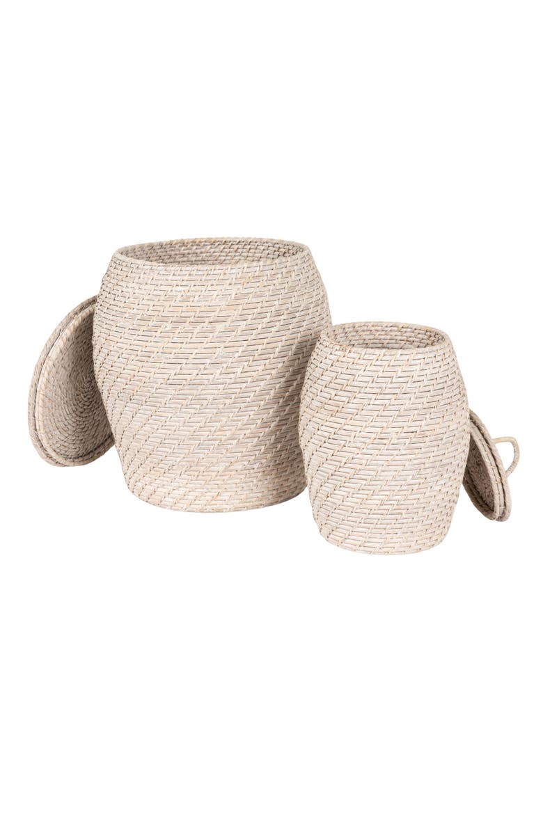 Decorative Hand-Woven Rattan Storage Baskets with Lids, Whitewashed, Set of 2, Alternate, color, White