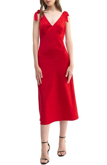 Lush Tie Detail Bias Satin Midi Dress In Bright Red