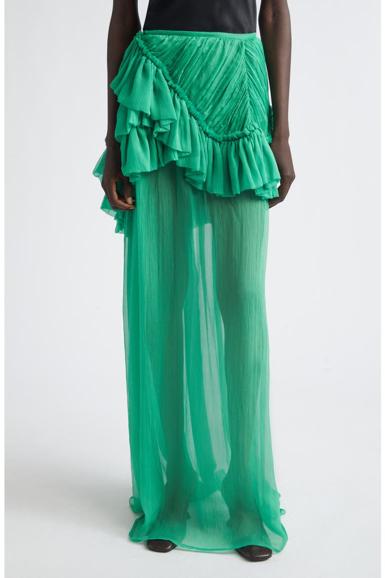 Washed Mousseline Silk Ruffle Maxi Skirt, Main, color, GREEN