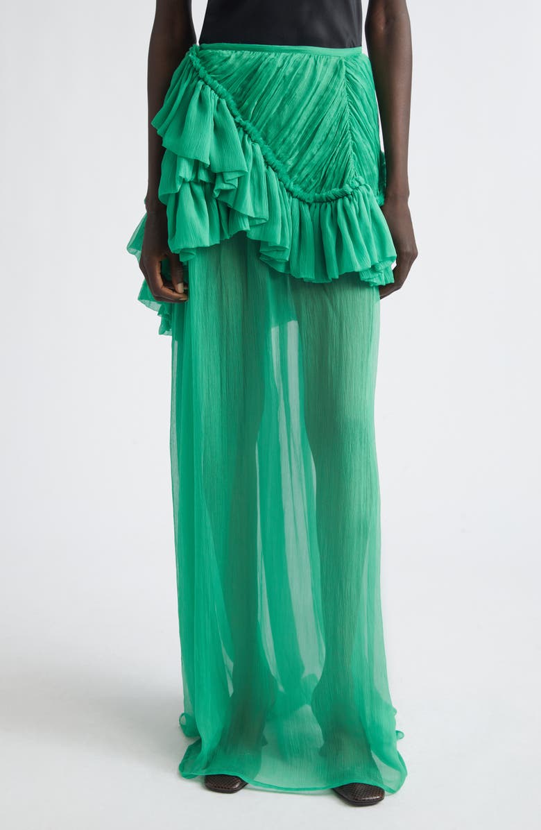 Dries Van Noten Washed Mousseline Silk Ruffle Maxi Skirt, Main, color, Green