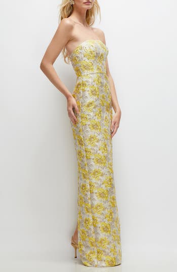 Golden Metallic Jacquard Strapless Column Gown