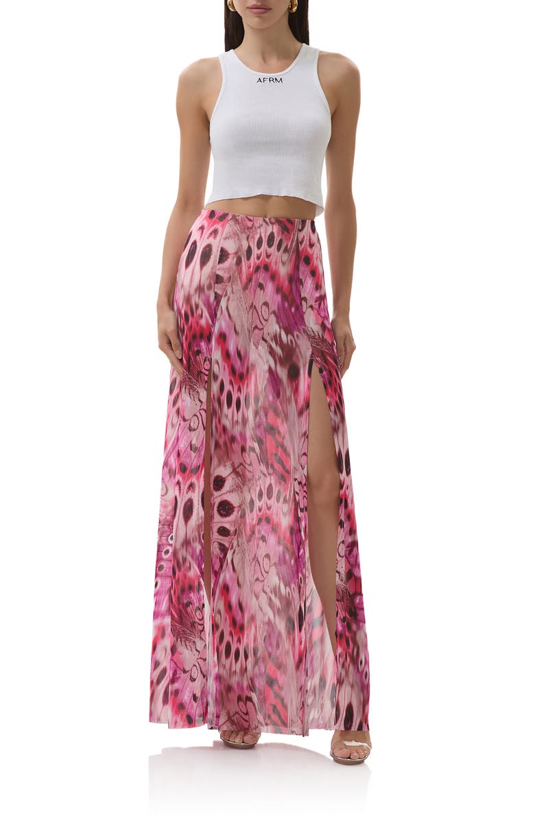 AFRM Batien Printed Mesh Maxi Skirt, Alternate, color, Berry Butterfly