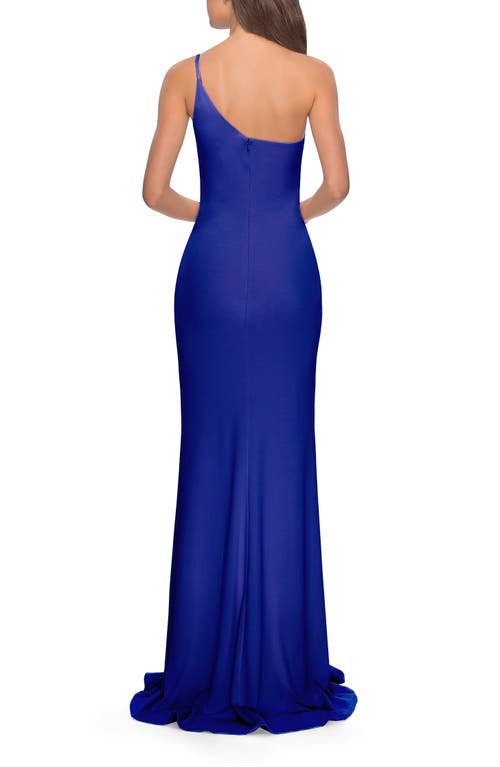 La Femme One Shoulder Long Jersey Homecoming Dress In Royal Blue